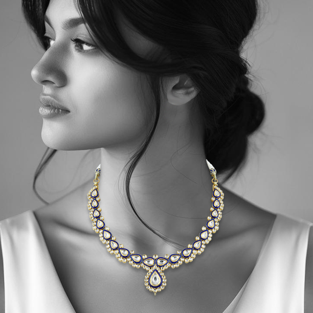 Polki Necklace with Blue Enamel Border